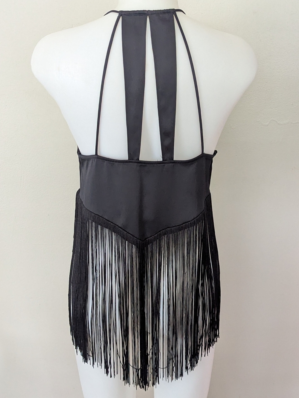 Zara Black Satin-Look Fringe Halter Top Small New - Picture 2 of 8